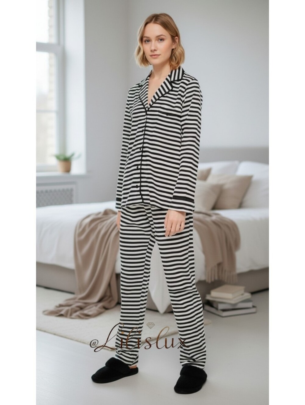 Kate Spade Black And White Striped Flannel Pajama Set Size Medium
